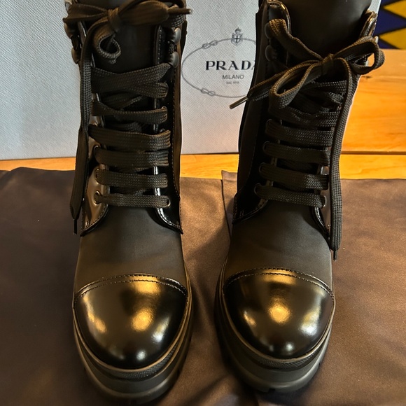 Prada Black Leather and Nylon Lace-up and Zip- up Winter Snow and Dress Boots - Picture 10 of 14